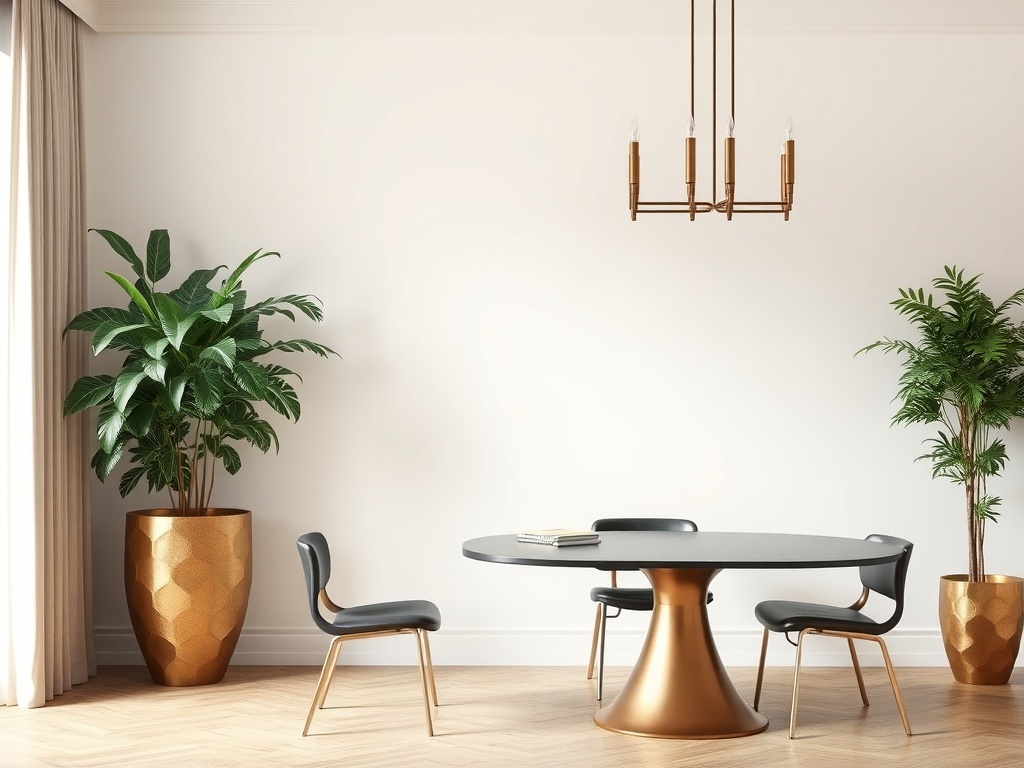 Stylish dining room featuring bronze planters with lush green plants, a modern table, and elegant lighting.