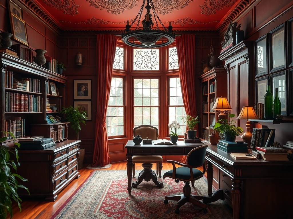 Victorian themed home office with warm colors and vintage furniture