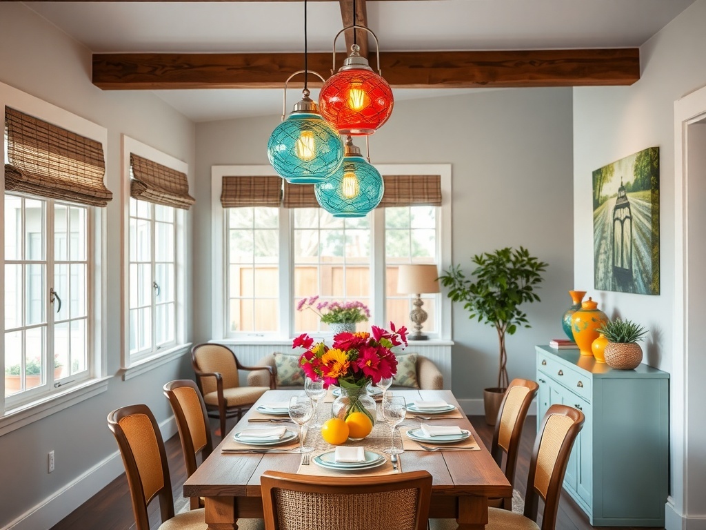 Dining room with colorful glass lanterns hanging above a wooden table set for a meal.