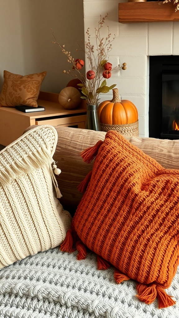 Cozy textured pillows in warm autumn colors on a sofa near a fireplace