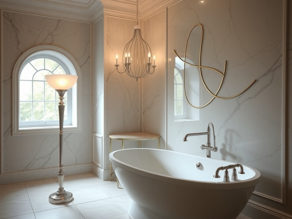 A bathroom featuring a stylish floor lamp beside a bathtub.
