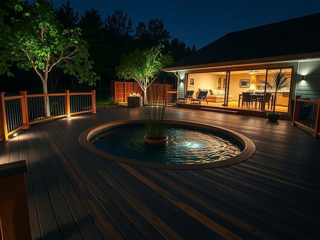 Curved wooden deck with a central water feature, illuminated at night with warm lights.