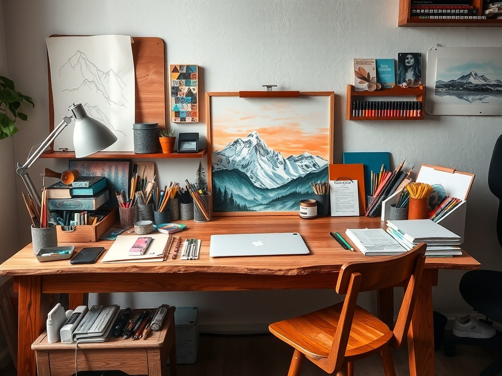 A cluttered wooden art desk with sketches, art supplies, and colorful tools.