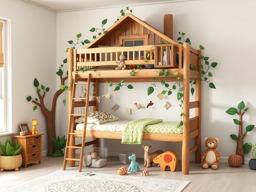 Tree house loft bed in a kids bedroom with jungle theme decor.