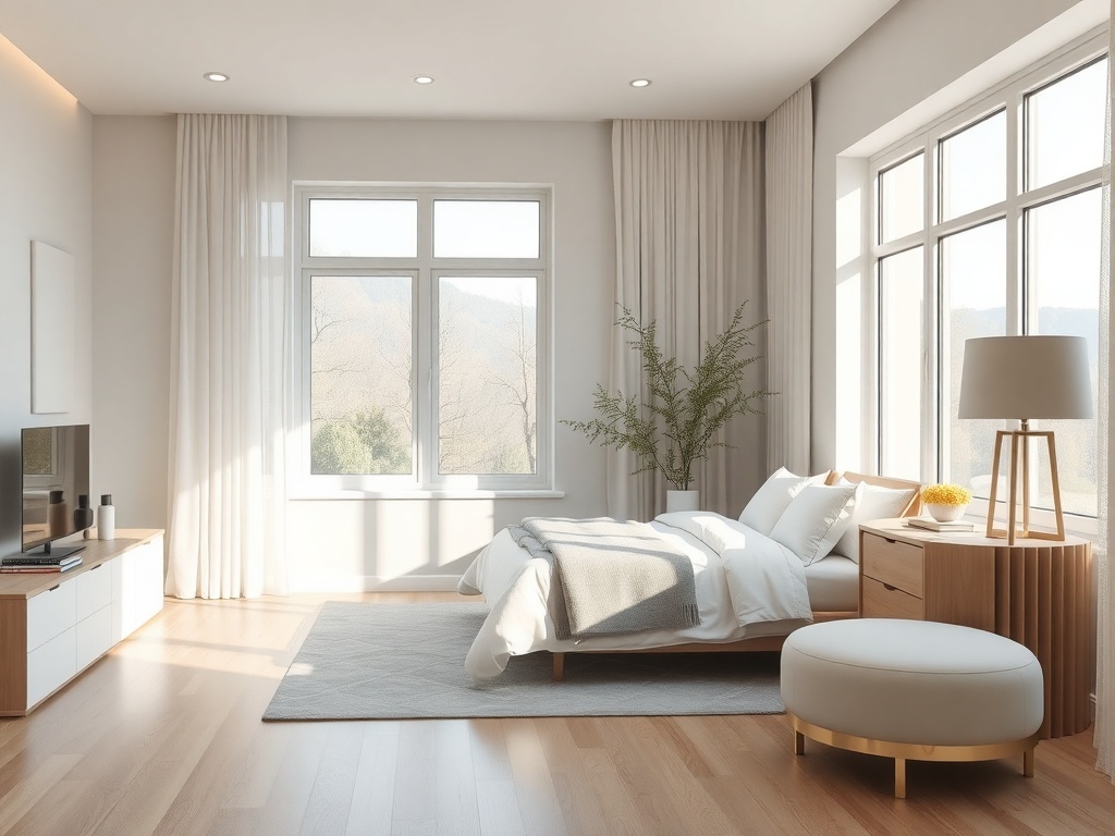 A serene bedroom with large windows, light curtains, and minimalist furniture, creating a calming atmosphere.