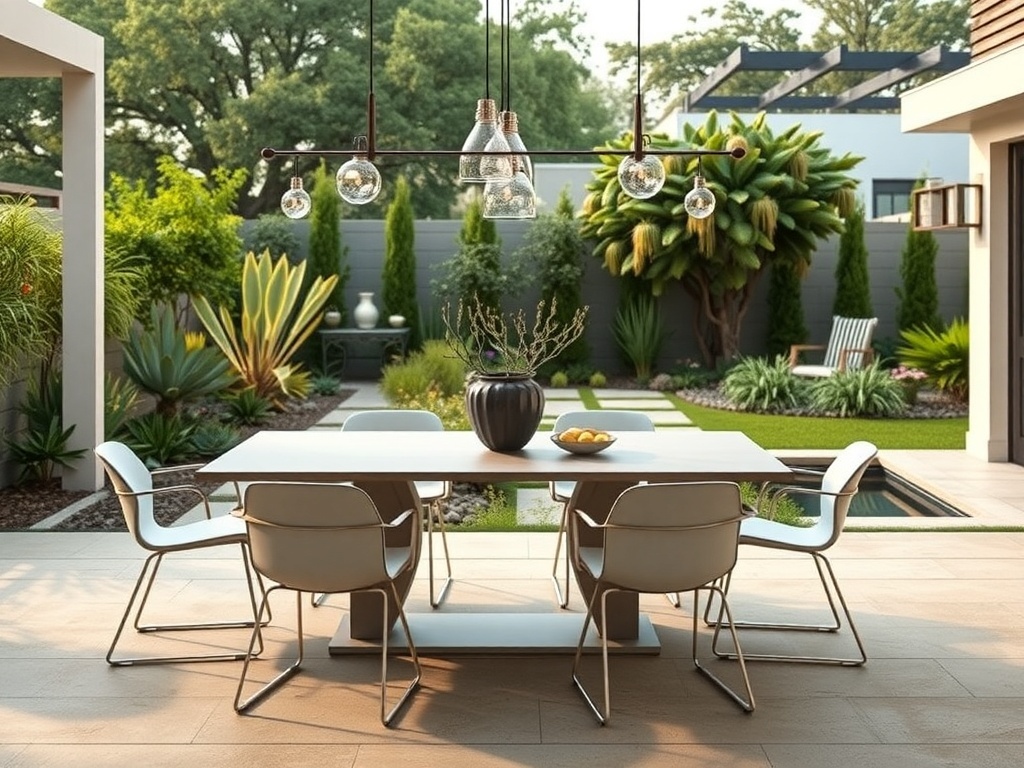 A modern outdoor dining table set for twelve in a stylish backyard with lush greenery and strung lights.