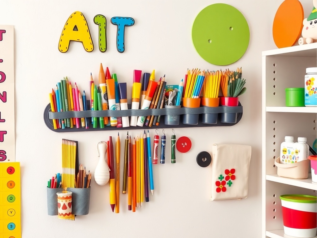 Magnetic strips holding various art supplies like markers, pencils, and scissors on a wall.