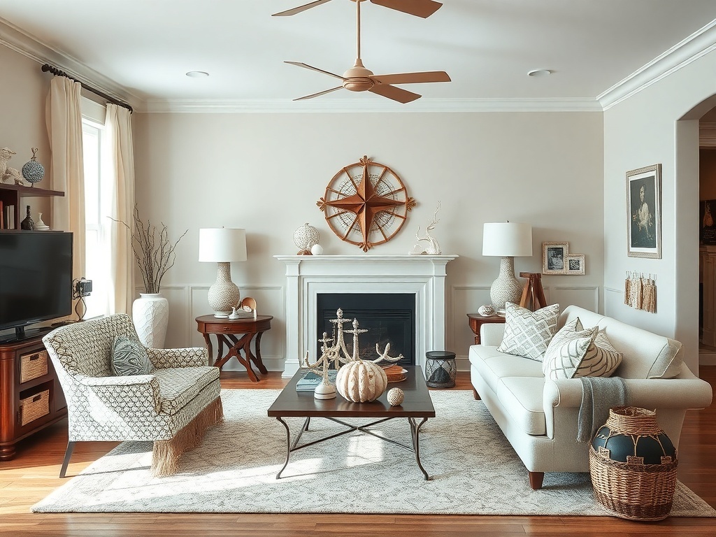 A cozy living room featuring seashell and coral decor elements, with a light color palette and nautical accents.
