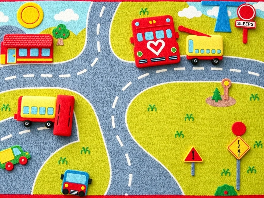 Colorful transportation rug featuring roads, vehicles, and playful scenery.