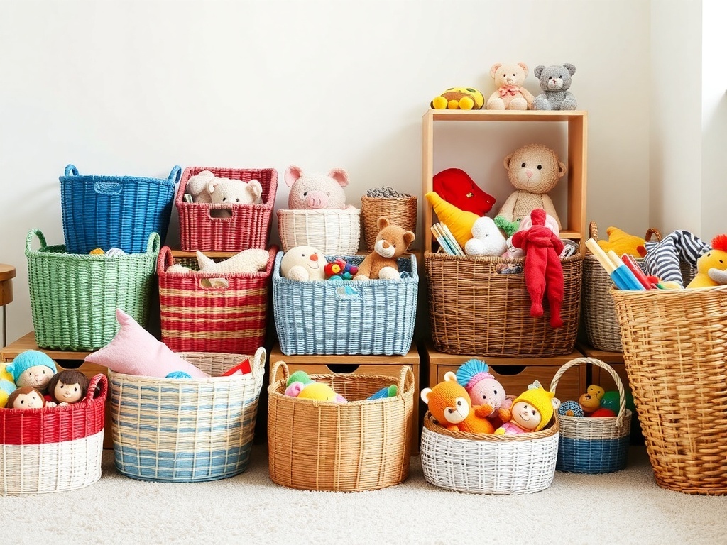 Colorful baskets filled with toys and stuffed animals in a kids room