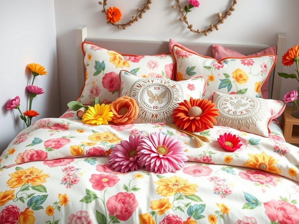 A bohemian floral bed set featuring vibrant flowers and dreamcatchers in a cozy bedroom.