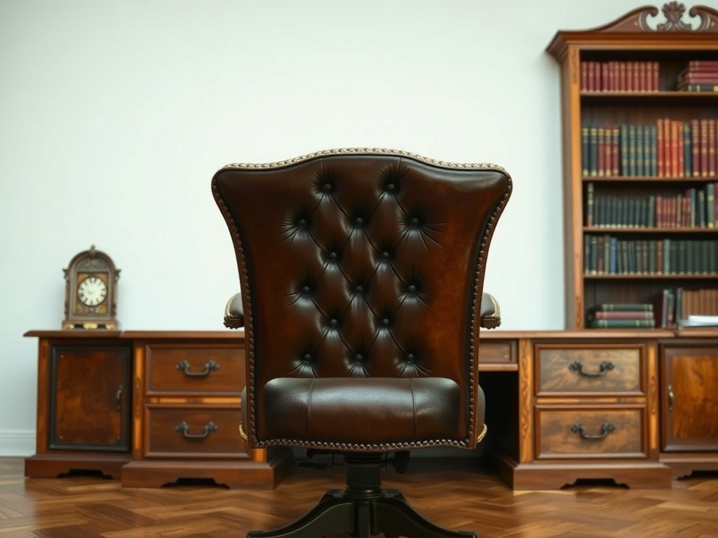 A classic leather upholstered chair in a Victorian-themed home office setting.