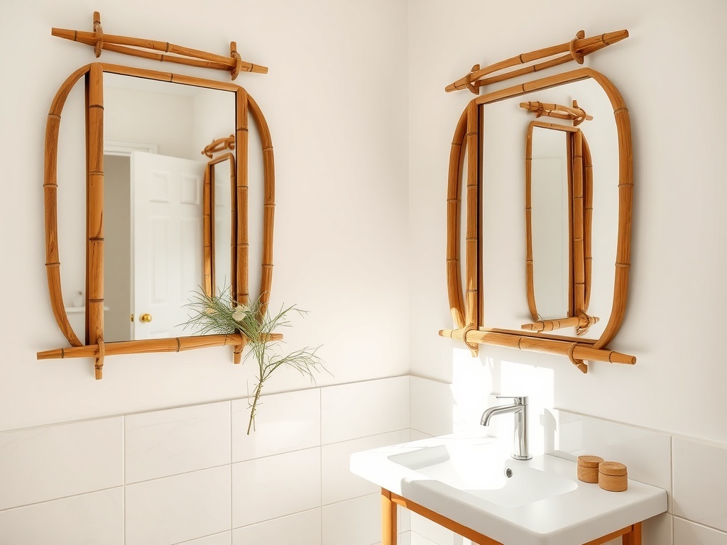 Bamboo framed mirrors in a rustic bathroom setting