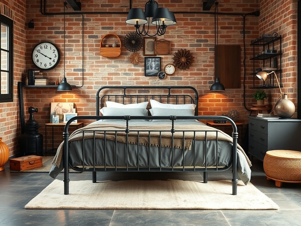 A stylish industrial bedroom featuring a metal bed frame, exposed brick walls, and elegant decor.