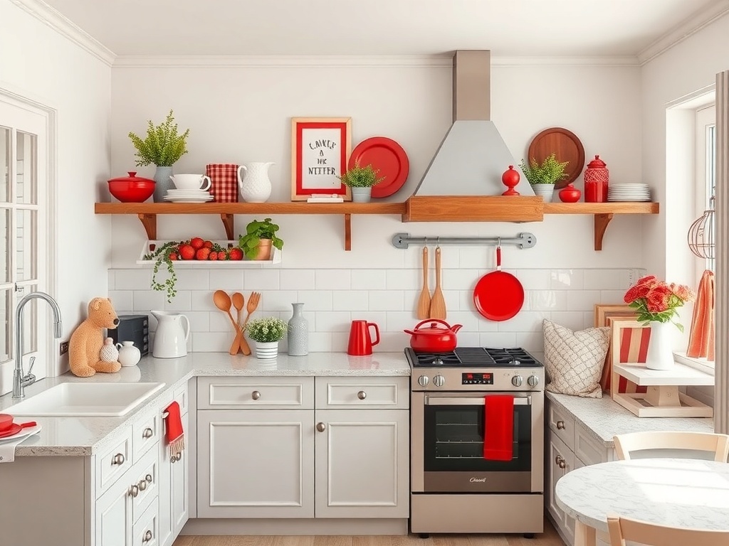 Luxurious red and white kitchen design with decorative elements.