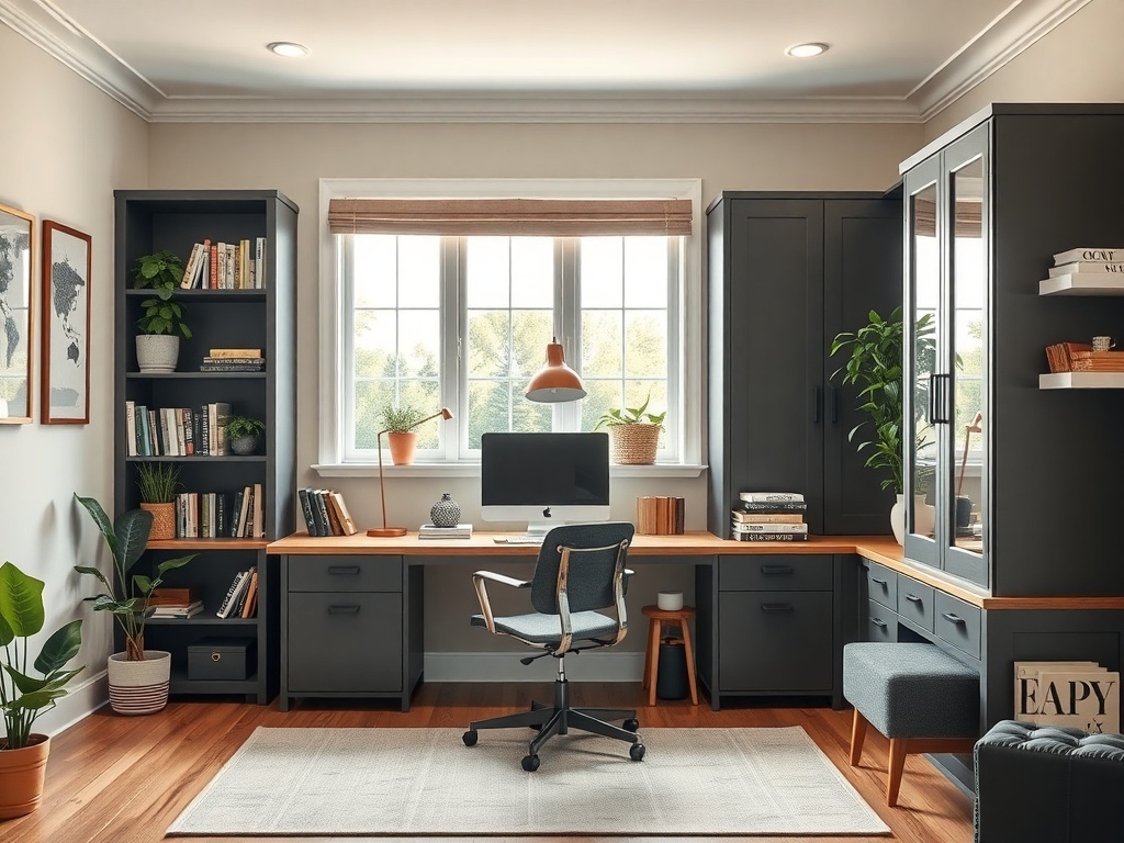 A modern home office with a desk, bookshelves, and storage solutions, featuring plants and a cozy chair.