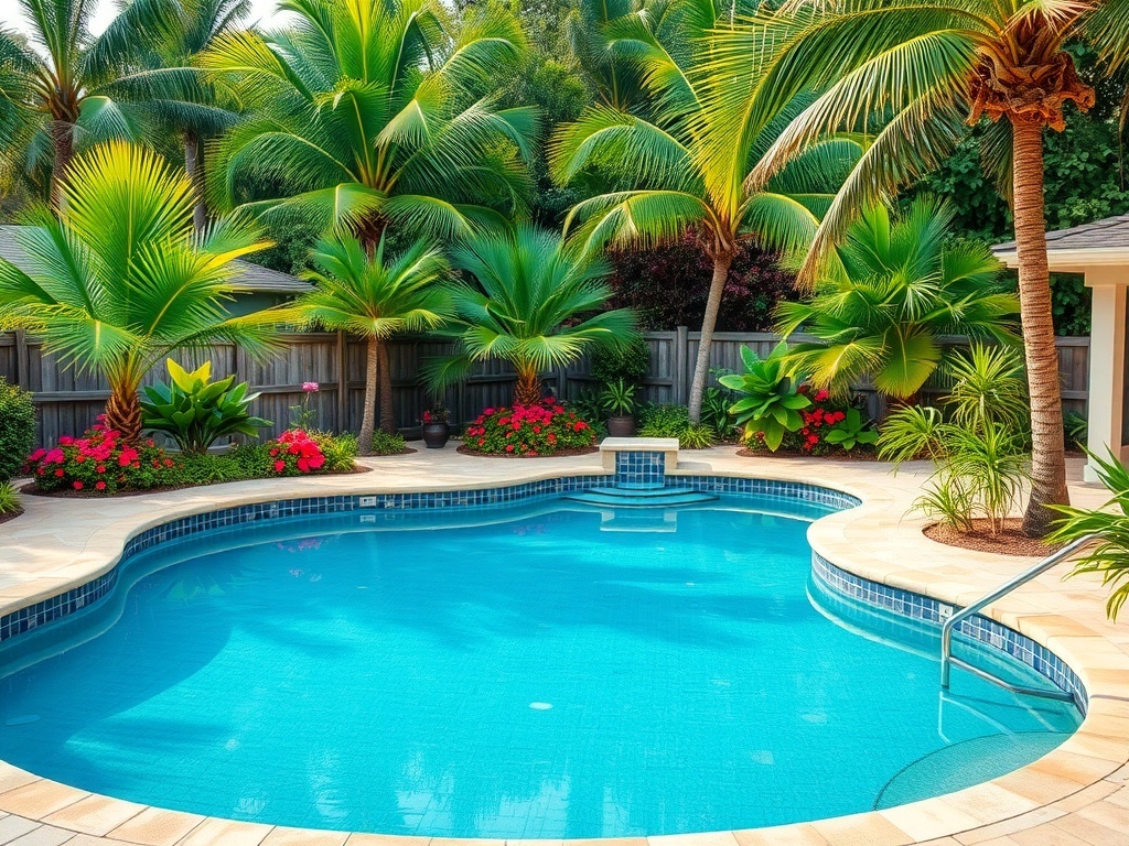 A tropical backyard pool surrounded by palm trees and colorful flowers, featuring clear blue water and a unique shape.