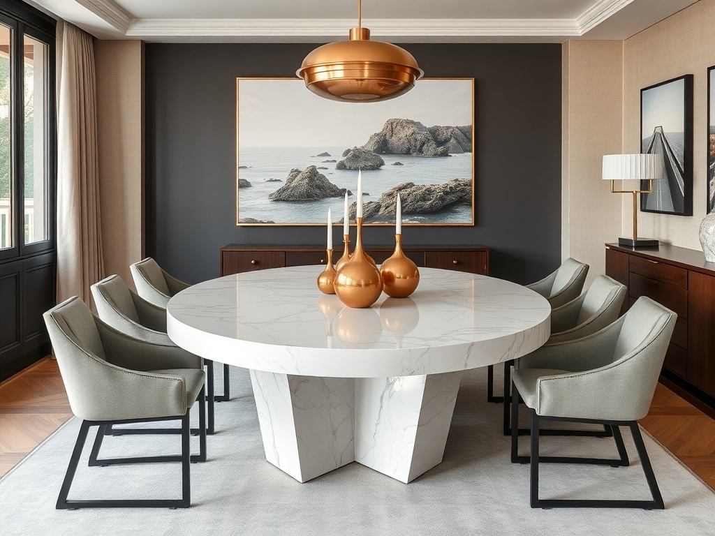 A modern dining room featuring a round dining table with a bronze base, surrounded by upholstered chairs and a stylish decor.