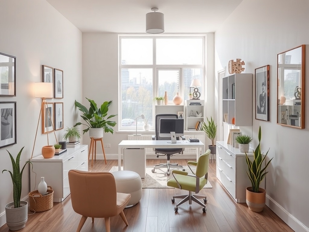 A small home office with light colors and plants.