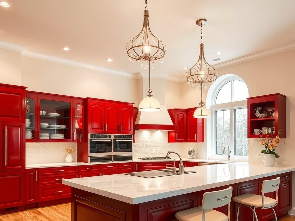 Luxurious red and white kitchen with sophisticated lighting fixtures.