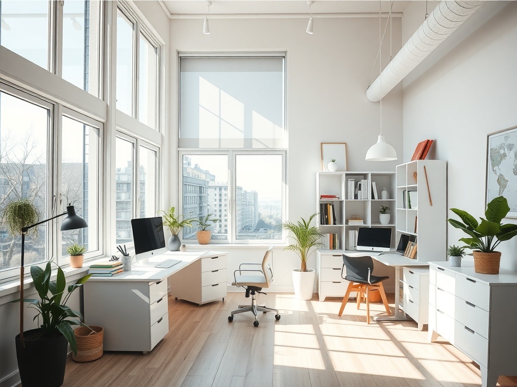A bright home office with large windows, plants, and modern furniture.