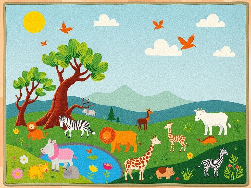 Colorful rug featuring various animals in their habitats, including a lion, zebra, giraffe, and more.