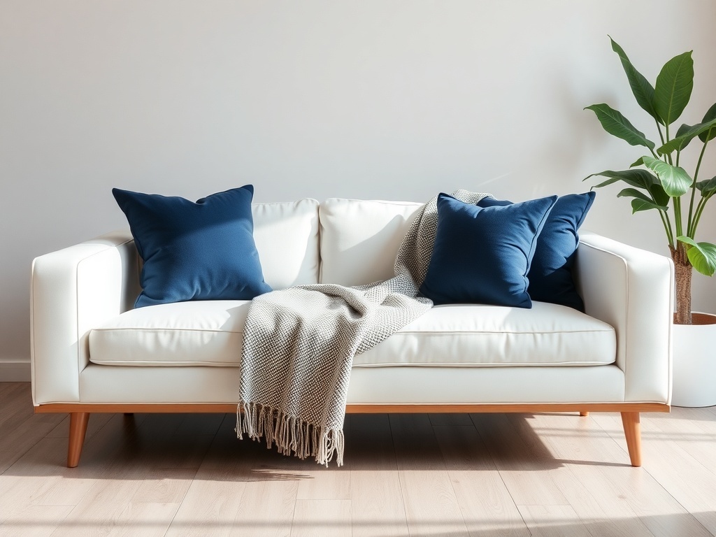 A stylish white sofa with navy blue accent pillows and a cozy throw blanket, complemented by a potted plant.
