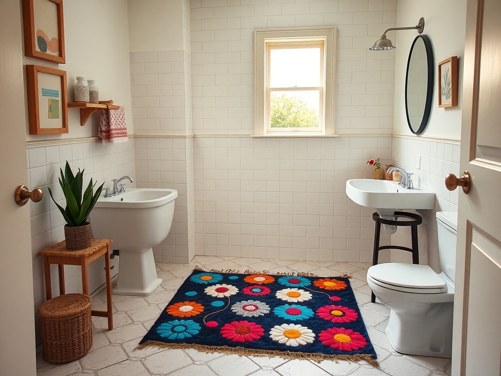 A colorful rug with floral patterns in a bright bathroom setting.