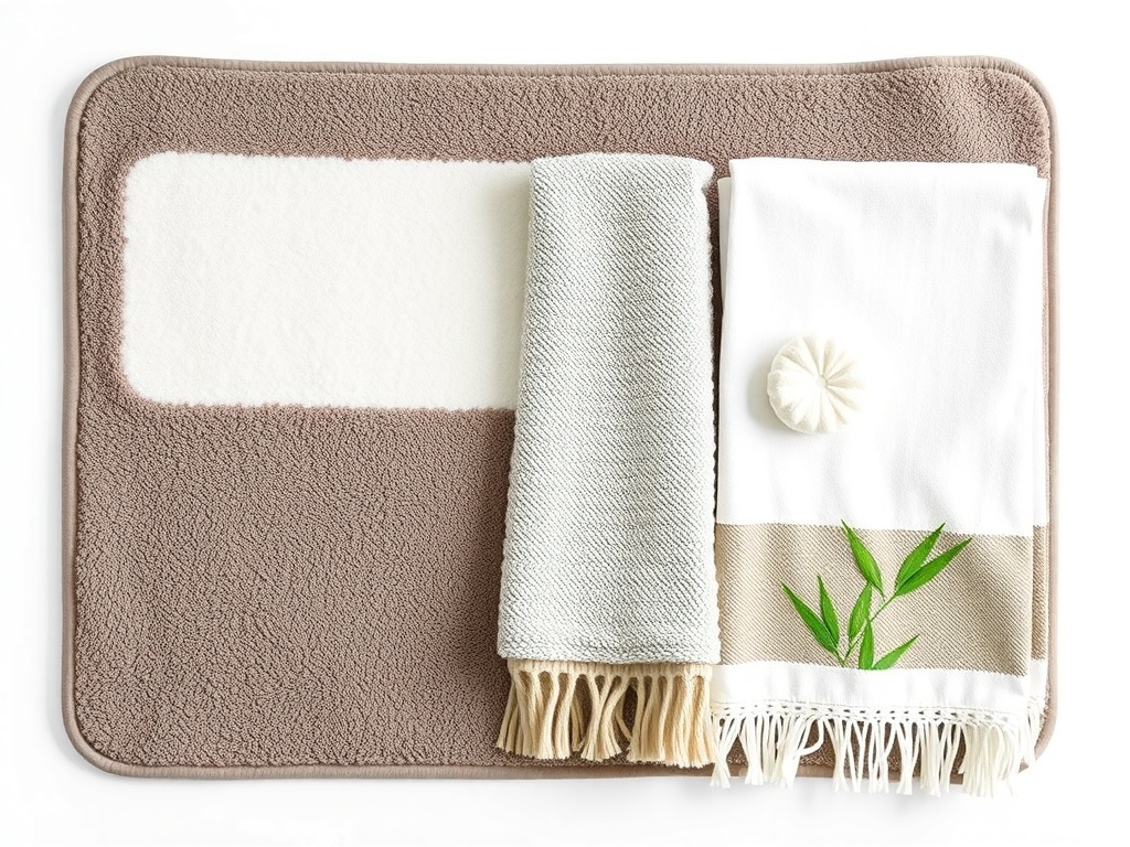 A selection of bathroom mats and towels in neutral colors, showcasing different textures and styles.