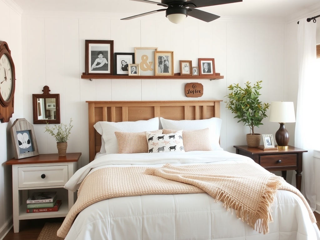 A cozy farmhouse bedroom featuring a bed with soft linens, personal photos on the wall, and natural light streaming through the window.