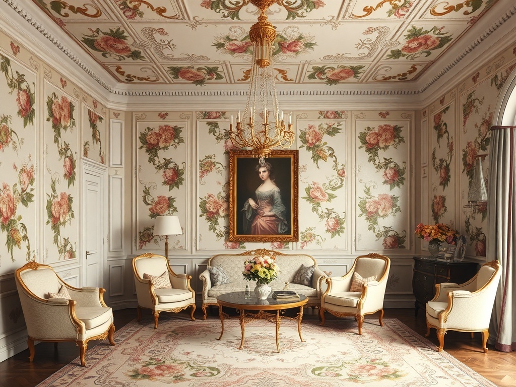 A beautifully designed Rococo Revival living room featuring floral wallpaper, an ornate ceiling, and elegant furniture.