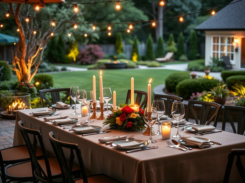 A beautifully set outdoor dining table for 12, decorated with string lights, flowers, and elegant tableware in a garden setting.