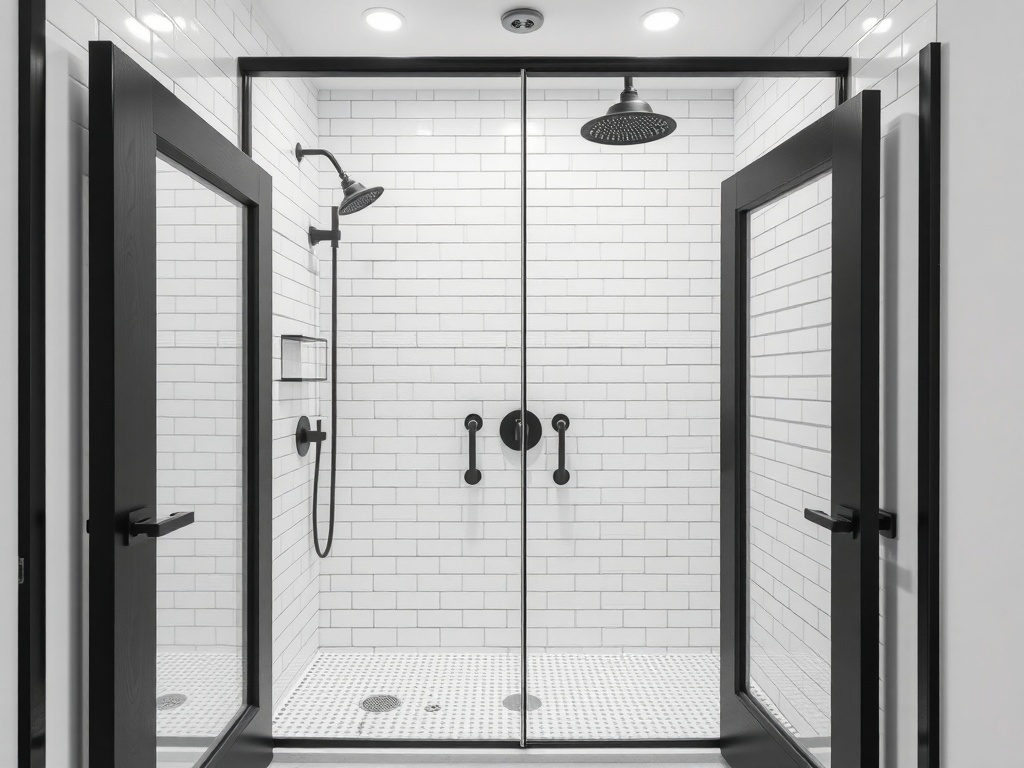 Modern walk-in shower with white tiles and black fixtures