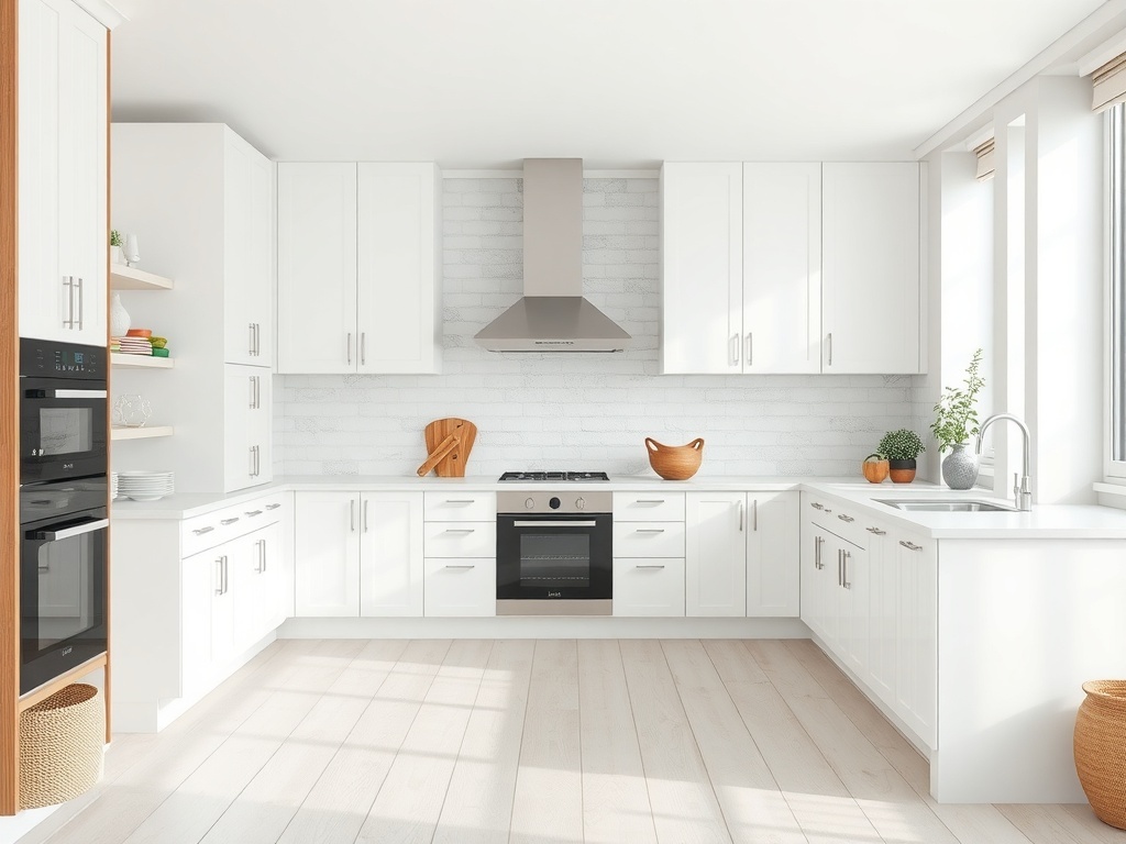 Modern luxury white kitchen with shiny white marble tiles and black appliances