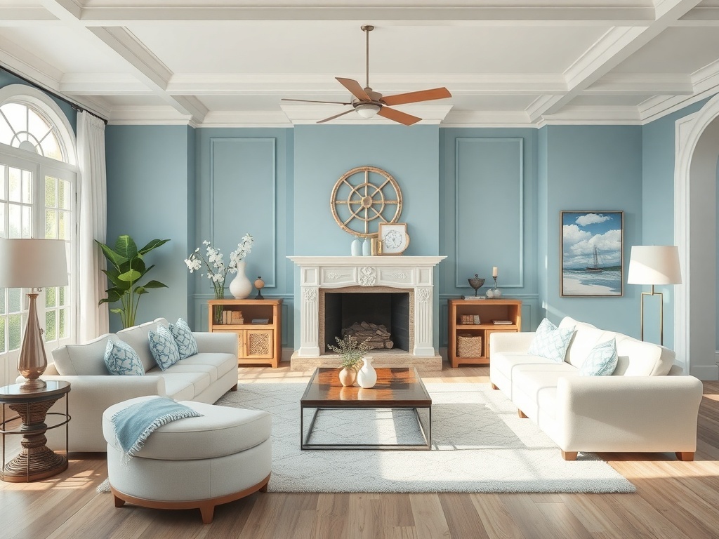 A coastal living room featuring light blue walls, white furniture, and nautical decor.