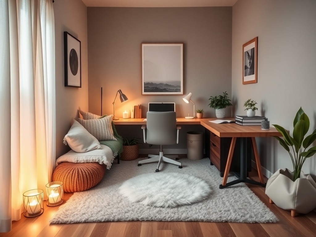 A cozy home office nook featuring soft textiles, plants, and a simple desk.
