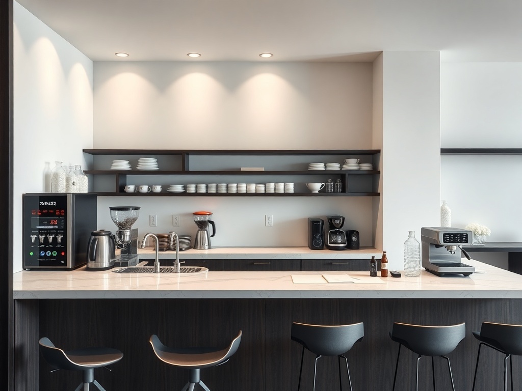 A sleek modern coffee bar with dark cabinetry, light countertop, and coffee equipment.