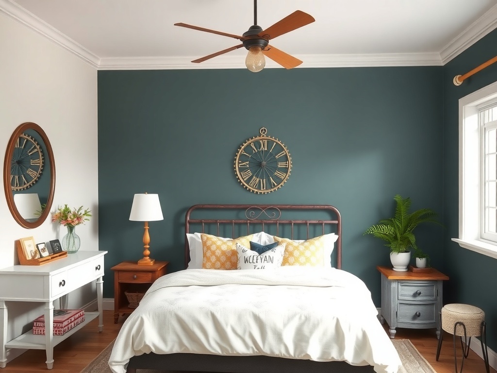 A cozy farmhouse bedroom featuring a deep teal wall, metal bed frame, and cheerful decorative pillows.