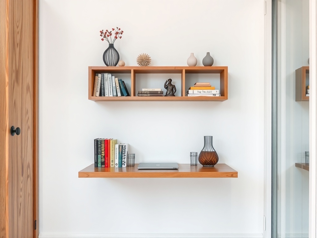 A minimalist floating wall-mounted desk with books and decorative items.