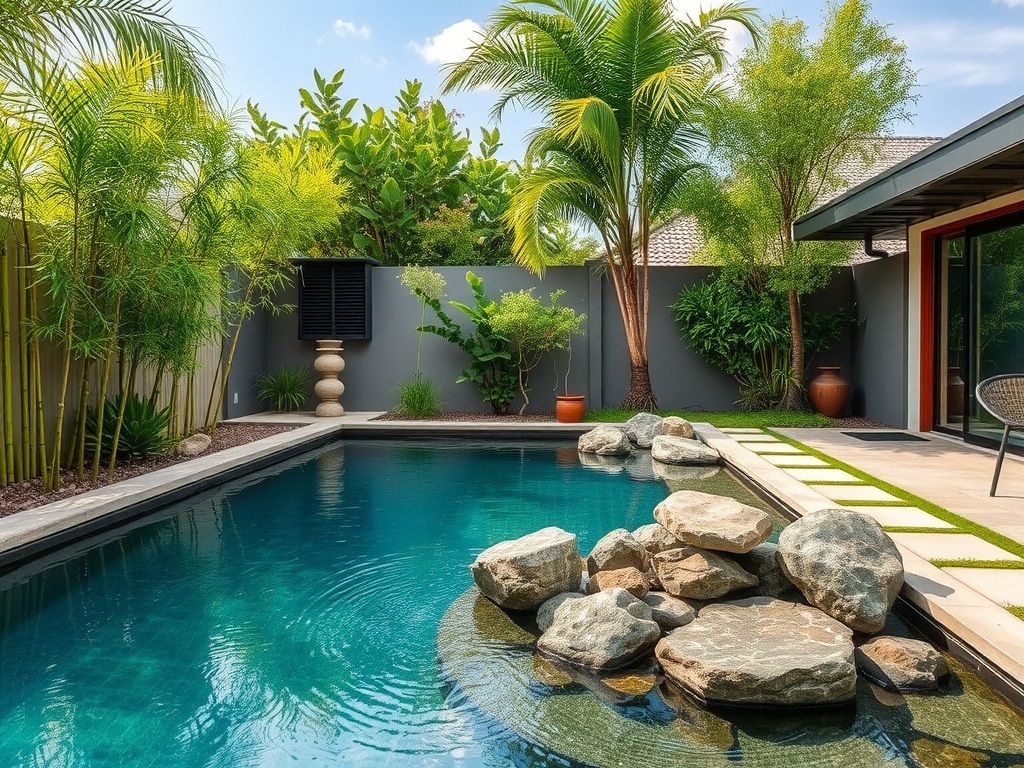 A serene Zen garden pool retreat featuring a curved pool surrounded by bamboo and stones.
