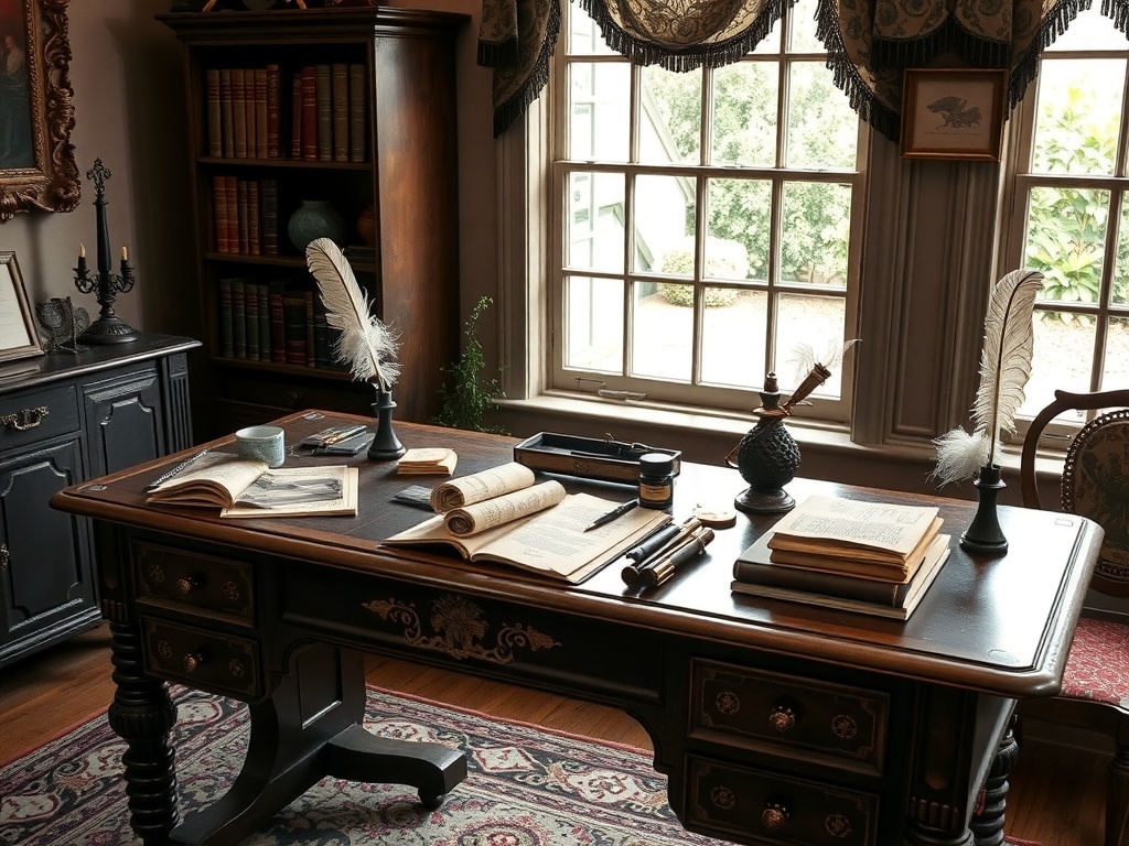 A Victorian-style desk with antique writing instruments including quills and ink pots.