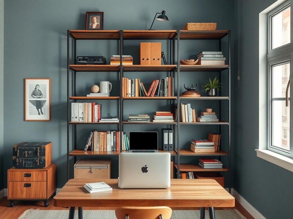 A modern home office with open shelving displaying books and decorative items.