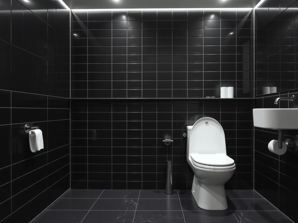 Modern minimalist bathroom with black tiles and a white toilet.