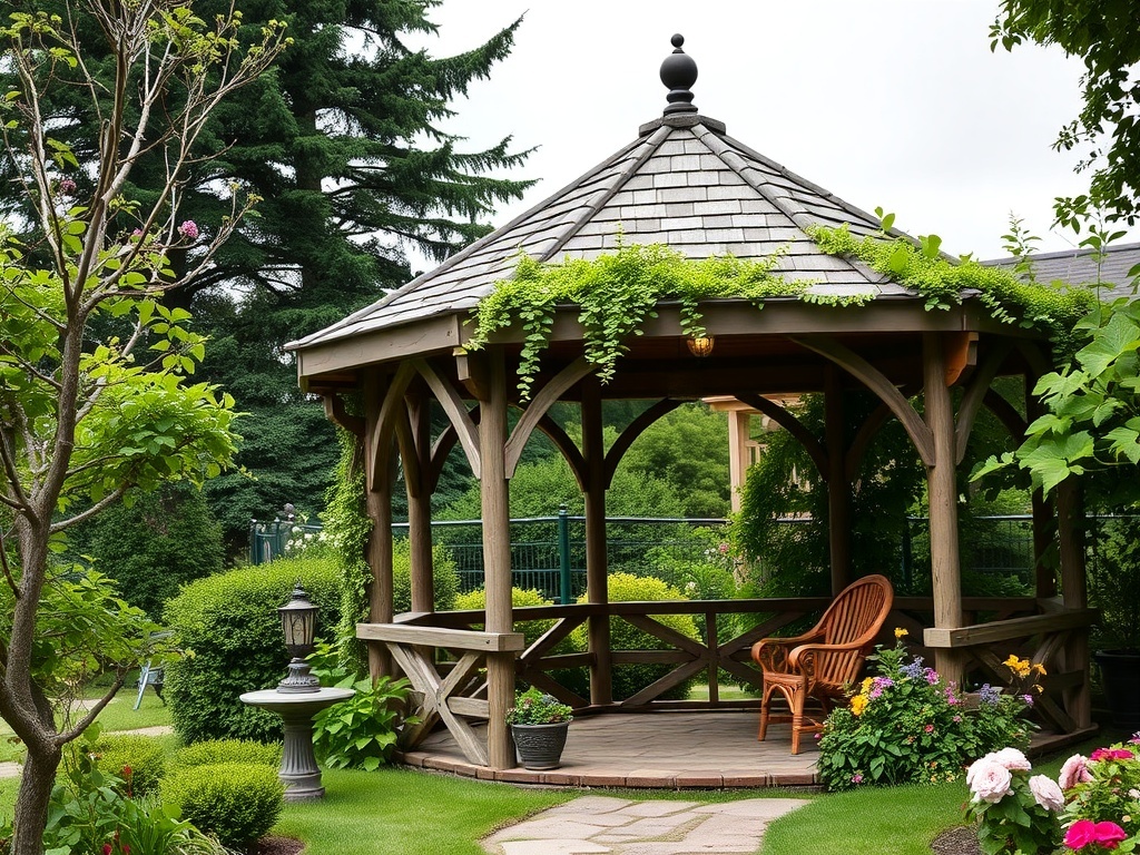 A rustic wooden gazebo surrounded by lush greenery and flowers.