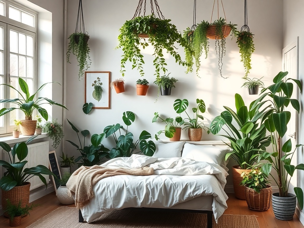 A serene bedroom filled with various indoor plants, showcasing a harmonious Japandi design.