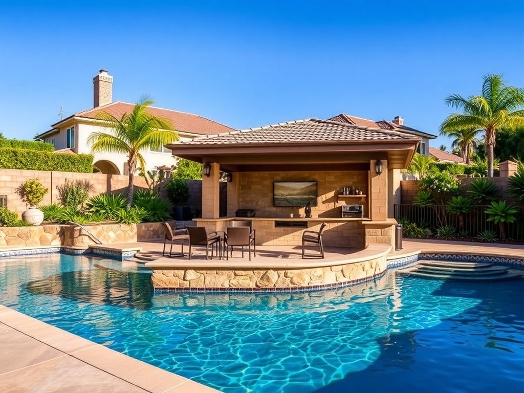 A backyard pool with a swim-up bar featuring three wooden stools, surrounded by lush greenery and a shaded seating area.