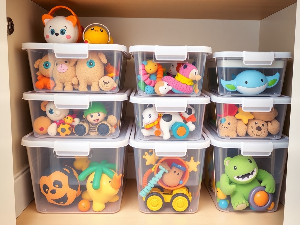 Clear storage containers filled with colorful toys and dolls, organized neatly on shelves.