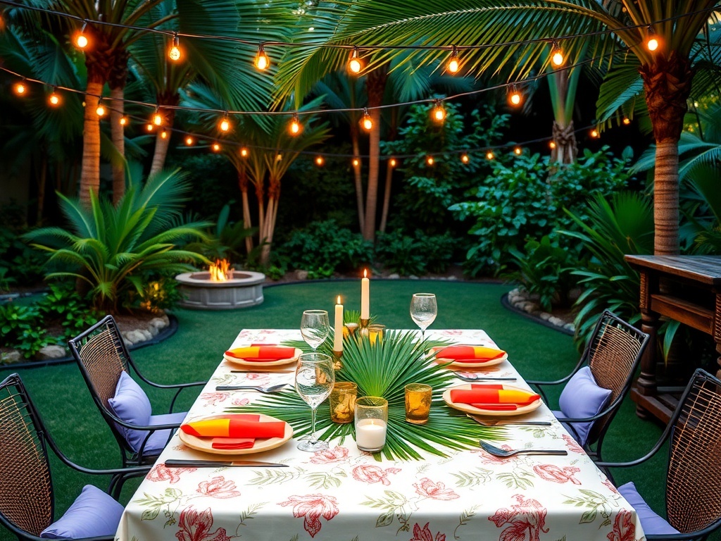 A beautifully arranged tropical themed dinner table in a backyard, featuring string lights, a fire pit, and lush greenery.