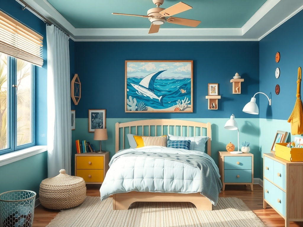 A vibrant kids' bedroom with nautical theme elements, featuring blue walls, ocean-themed decor, and colorful accessories.