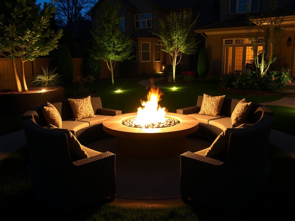 Backyard fire pit with built-in seating and pillows, showcasing a cozy atmosphere at night.
